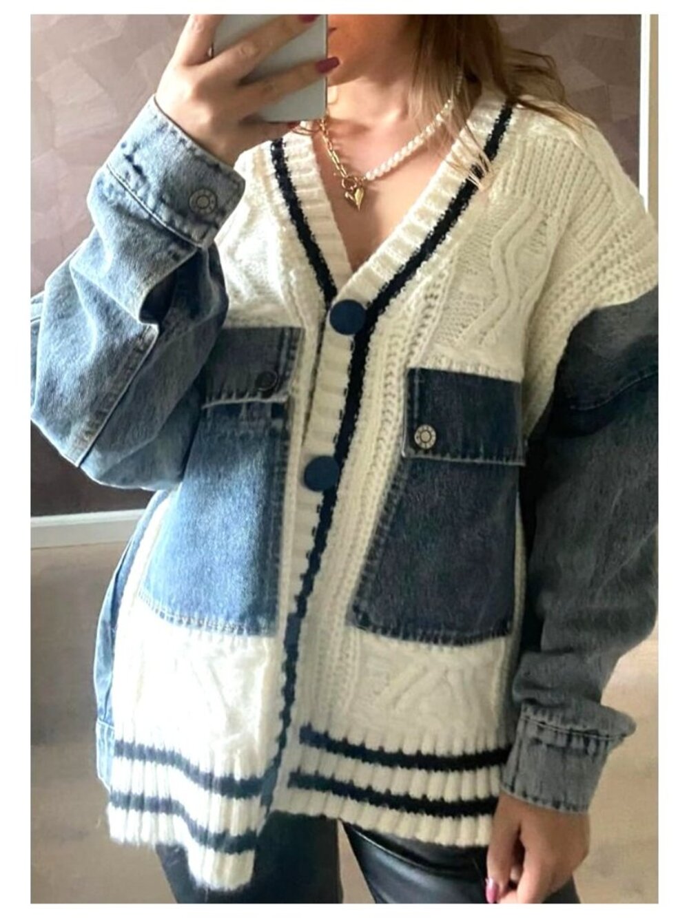 Womens O/S Vintage-Inspired Denim & Knit Patchwork Cardigan Sweater Button Front